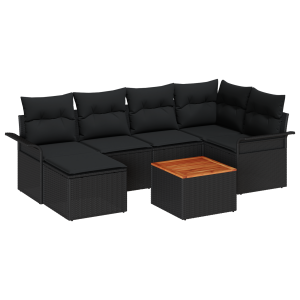 Conjunto de Sofá de Jardim de 7 Peças com Almofadas Preto Polyrattan Acácia H