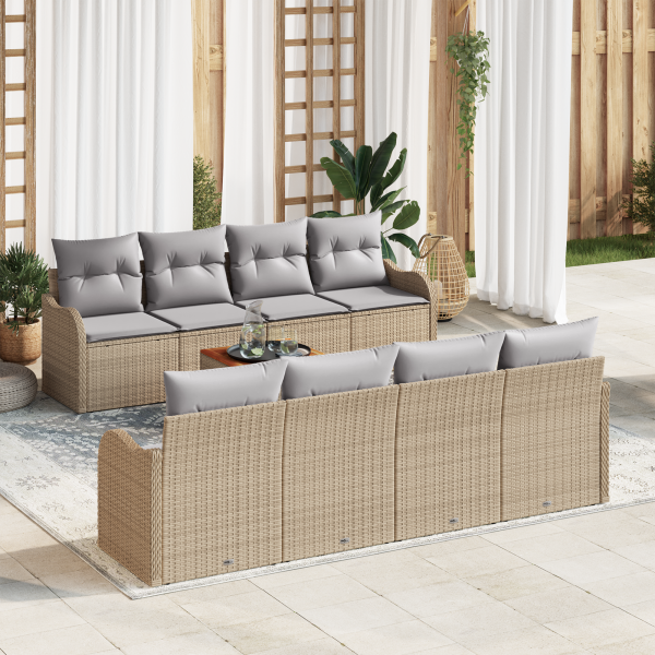 Conjunto de Sofá de Jardín de 9 Piezas con Cojines Beige de Poliratán Acacia D