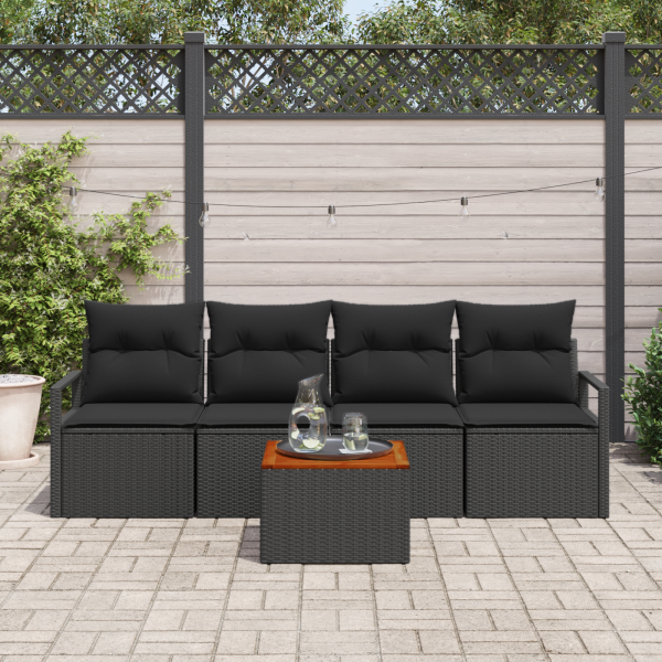 Conjunto de Sofá de Jardim 5 pcs Preto Grande Ratan. Madeira M 3