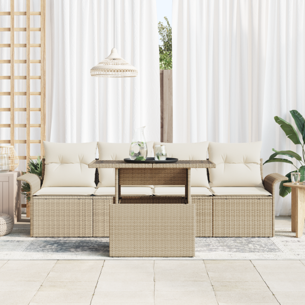 Conjunto de Sofá para Jardim  com 5 Peças e Almofadas Bege de Rattan Poliéster M 3