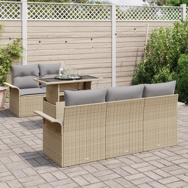 Conjunto de Sofá de Jardim  de 6 Peças com Almofadas Bege Rattan PE M 3