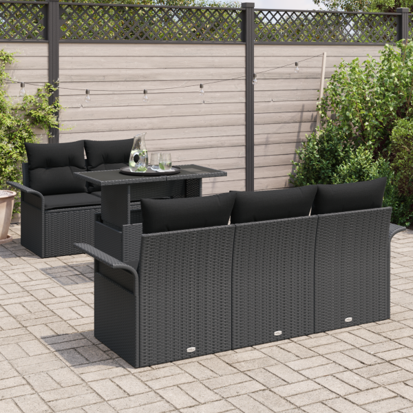 Conjunto de Sofá de Jardim de 6 Peças com Almofadas Rattan Preto Poliéster M 3