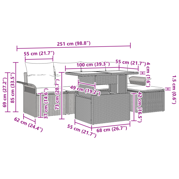 Conjunto de Sofás de Jardim de 6 Peças com Almofadas Bege Rattan Sintético M 5
