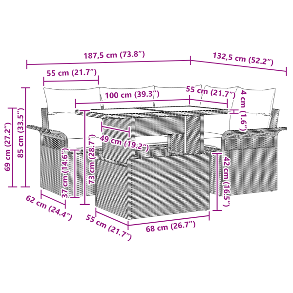 Conjunto de Sofá para Jardim  com Almofadas Bege em Rattan Sintético M 5