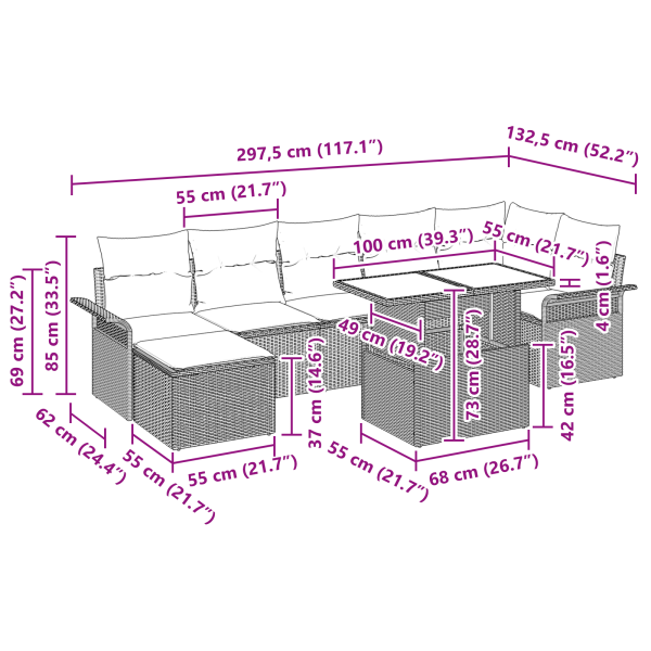 Conjunto de Sofá de Jardim  de 8 Peças com Almofadas Bege de Rattan Poliéster M 5