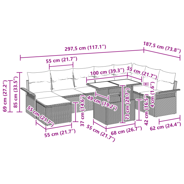 Conjunto de Sofá de Jardín  de 9 Piezas con Cojines Beige Ratán Poli M 5