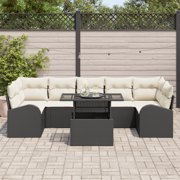 Conjunto de Sofá de Jardim  8 Peças com Almofadas Pretas em Rattan Poliéster M 3
