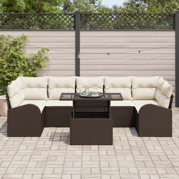 Conjunto de Sofá de Jardim  8 Peças com Almofadas Castanho Rattan Poliéster M 3