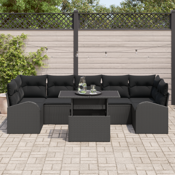 Conjunto de Sofá de Jardim  8 Peças com Almofadas Preto Rattan PE M 3