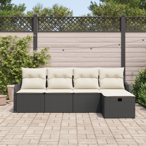 Conjunto de Sofá de Jardim com 5 Peças e Almofadas Preto Rattan Poliéster M 3