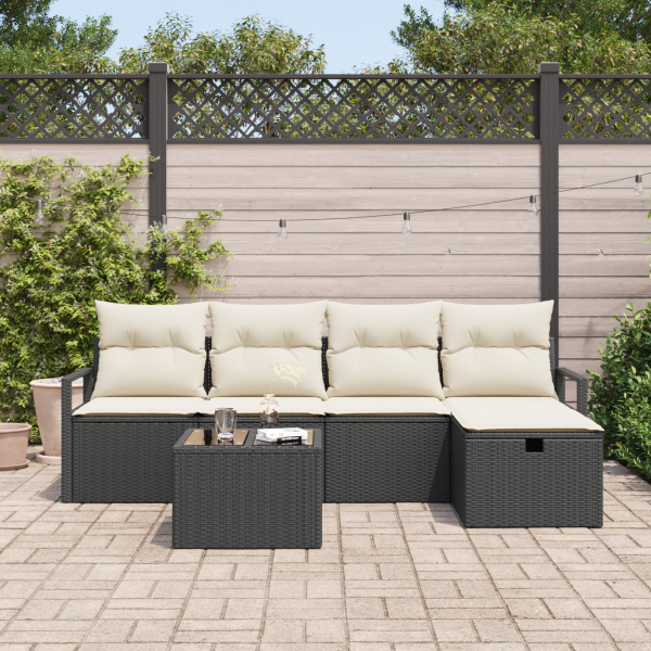 Conjunto de Sofá de Jardim  com 6 Peças e Almofadas Preto Rattan M 3