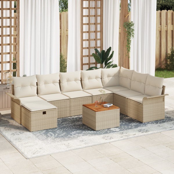 Set de Sofá de Jardín de 9 Piezas con Cojines Ratán Poliéster Beige D