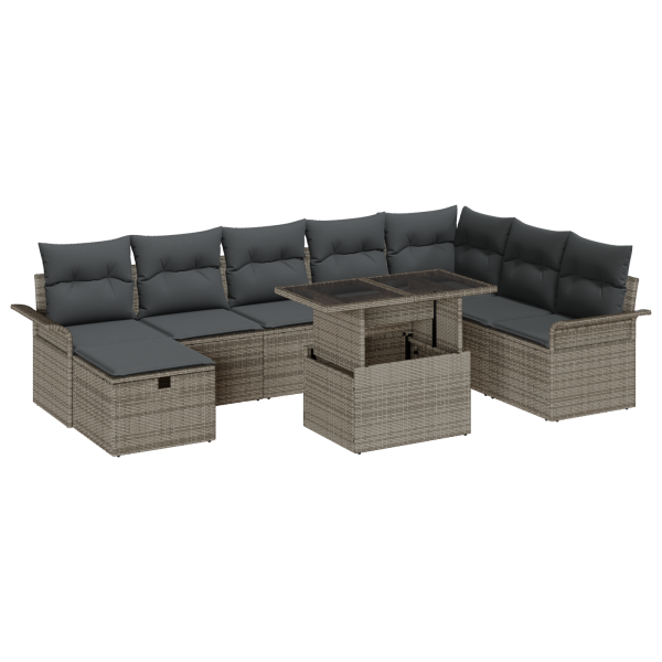 Conjunto de Sofás de Jardim  9 peças com Almofadas Cinza Rattan Poliéster M 2