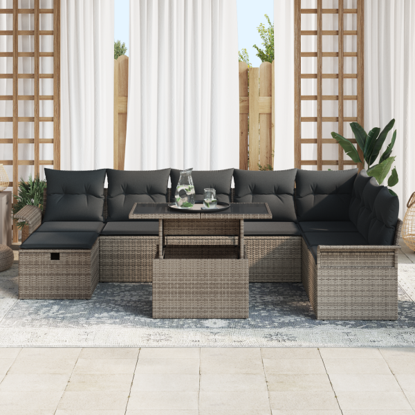 Conjunto de Sofás de Jardim  9 peças com Almofadas Cinza Rattan Poliéster M 3
