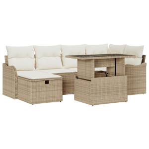 Juego de Sofá de Jardín  de 7 piezas con Cojines Beige Poliratán H