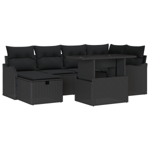 Conjunto de Sofás de Jardim com 7 Peças e Almofadas Preto Rattan Poliéster H