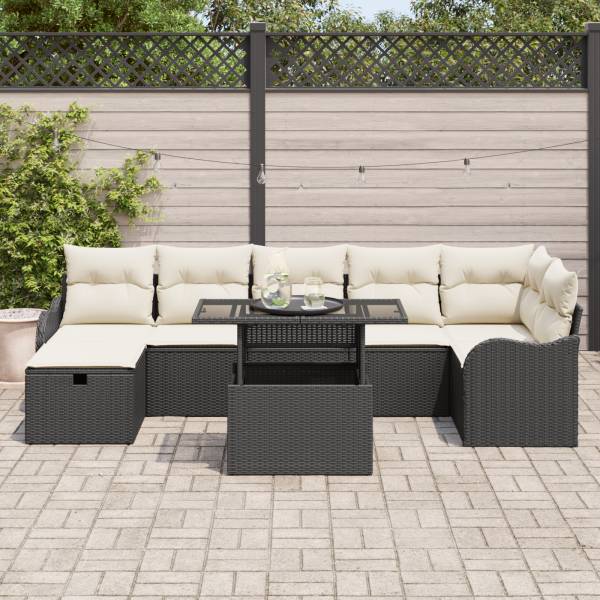 Conjunto de Sofás de Jardim de 8 Peças com Almofadas Preto Vime Poliéster M 3