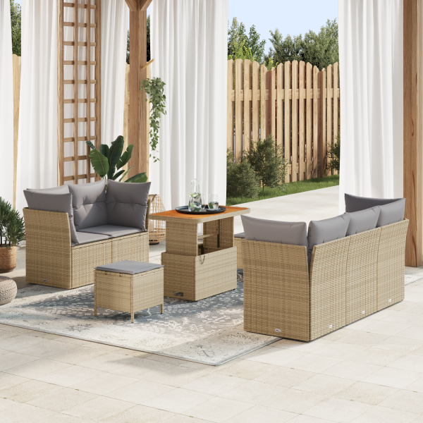Set de Sofá de Jardín de 8 Piezas con Cojines Beige Poliratán Acacia D