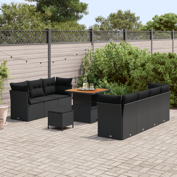 Conjunto de Sofá de Jardim  10 Peças com Almofadas Preto Ratan Poly Acácia M 3