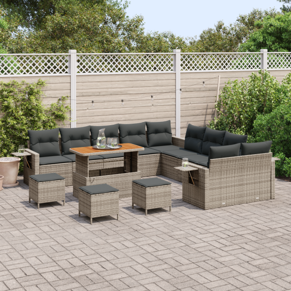Conjunto de Sofá de Jardim com 14 Peças. com Almofadas Cinza em Rattan Sintético e Acácia. M 3