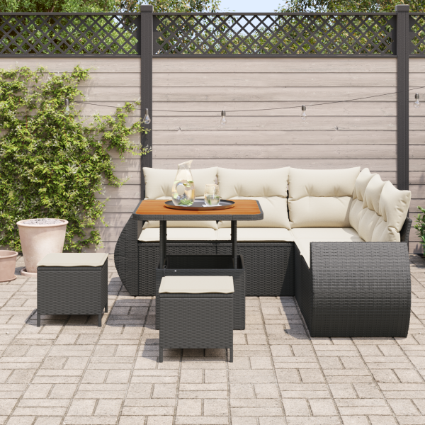 Conjunto de Sofá de Jardim 8 Peças com Almofadas em Rattan Preto e Acácia M 3
