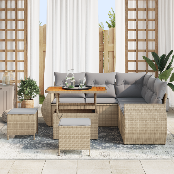 Conjunto de Sofá de Jardim com 8 Peças e Almofadas Bejas em Rattan Sintético e Acácia M 3