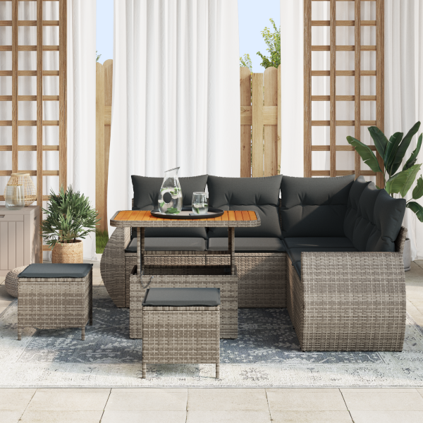 Conjunto de Sofá de Jardim de 8 Peças com Almofadas em Rattan Sintético Cinza e Madeira de Acácia M 3