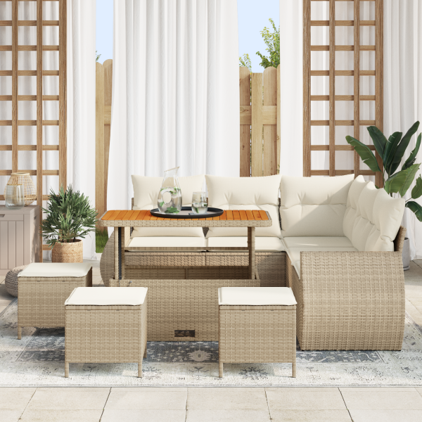 Conjunto de sofá de jardim de 9 peças com almofadas bege de rattan sintético e acácia M 3