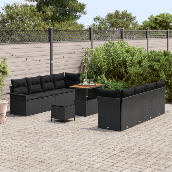 Conjunto de Sofás de Jardim com 11 Peças e Almofadas de Rattan Preto e Acácia M 3