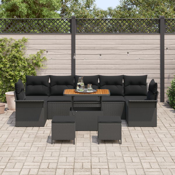 Conjunto de Sofá pra Jardim de 10 Peças com Almofadas em Polyrattan Preto e Madeira de Acácia. M 3