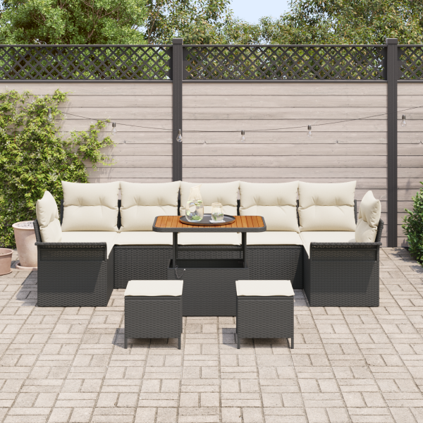 Conjunto de Sofá de Jardim de 10 Peças com Almofadas em Polyrattan Preto e Madeira de Acácia M 3