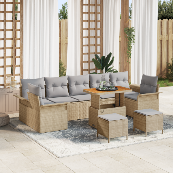 Conjunto de Sofá de Jardín  de 10 Piezas con Cojines Beige Poliratán Acacia D