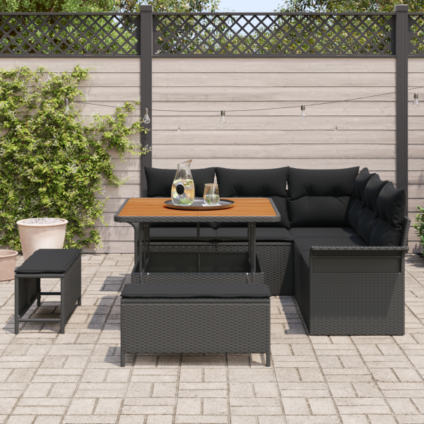 Juego de Sofá de Jardín de 8 Piezas con Cojines Rattan Negro Acacia M 3