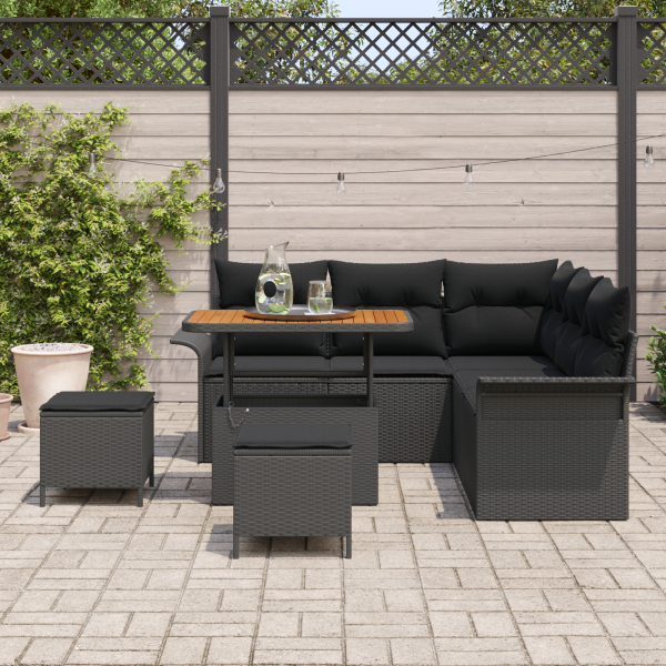 Conjunto de Sofá de Jardim com 8 Peças e Almofadas em Rattan Preto e Acácia M 3