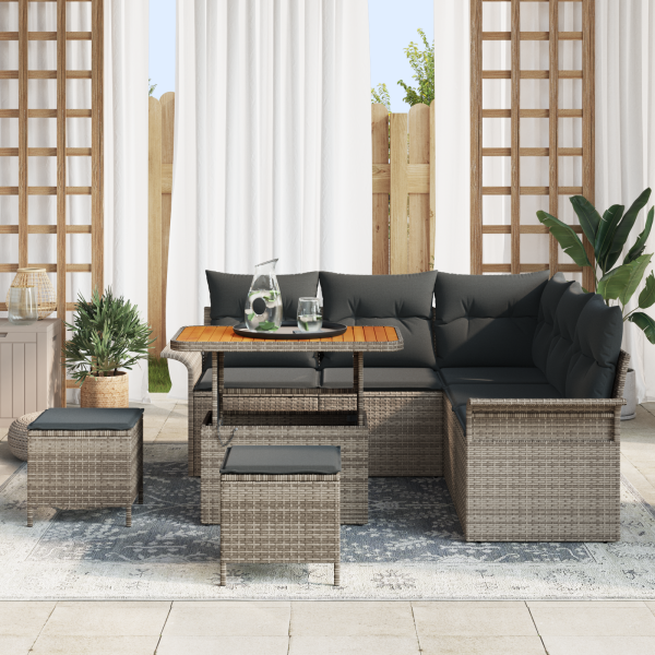 Conjunto de Sofá de Jardim de 8 Peças com Almofadas Cinza em Rattan e Acácia M 3