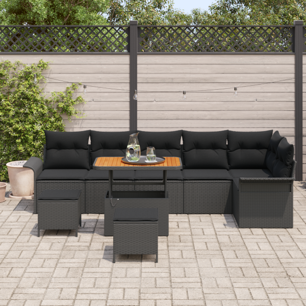 Conjunto de Sofá de Jardín de 9 Piezas con Cojines Rattan Negro Acacia M 3