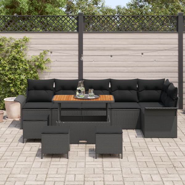 Conjunto de Sofá de Jardim de 10 Peças com Almofadas de Ratan Preto e Acácia M 3