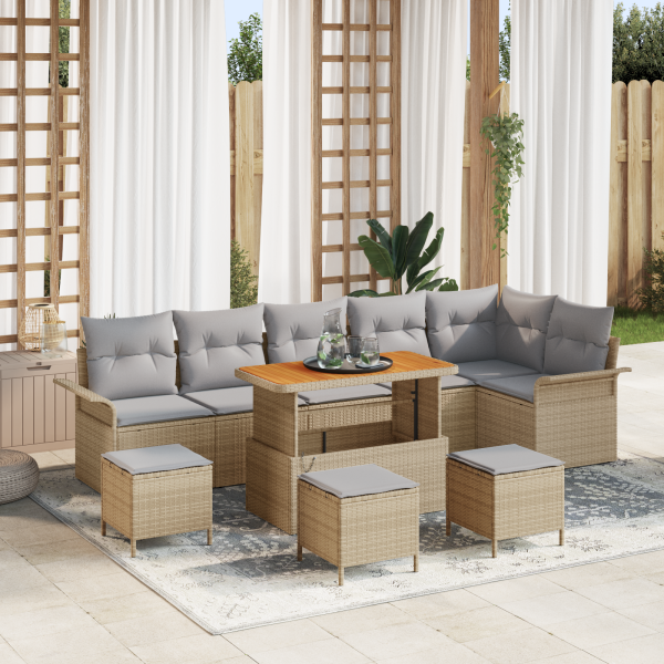 Conjunto de sofá de jardín de 10 piezas con cojines beige de ratán polipropileno acacia D
