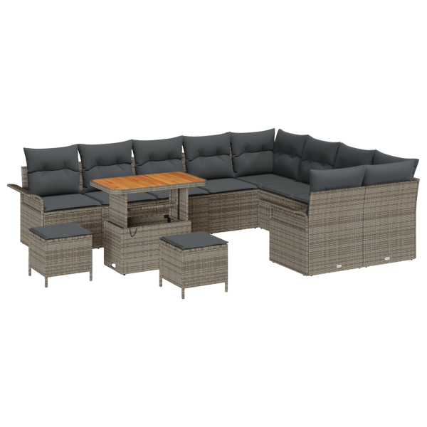 Conjunto de Sofá de Jardim com 12 Peças. Almofadas Cinza em Rattan Poly e Acácia. M 2