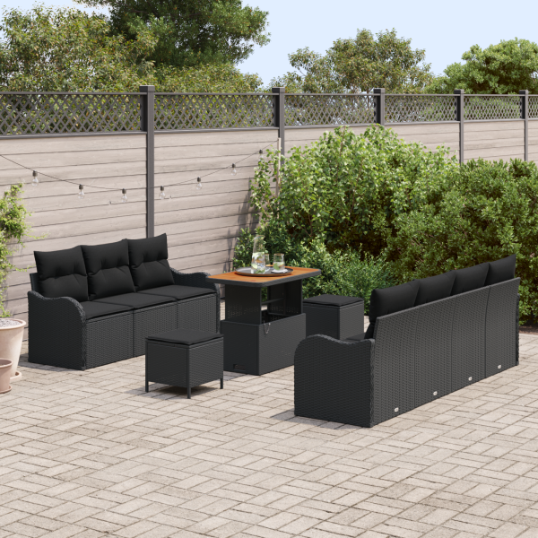 Conjunto de Sofá de Jardim de 10 Peças com Almofadas Pretas de Rattan e Poliéster. Acácia M 3