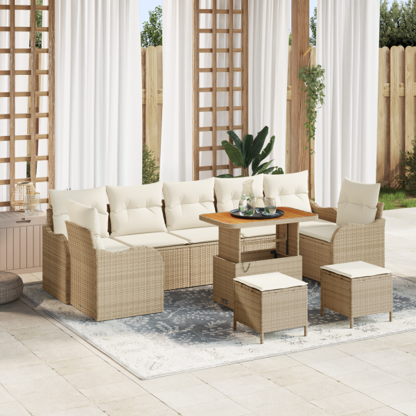 Conjunto de Sofás de Jardín de 10 Piezas con Cojines Beige Poliratán Acacia D