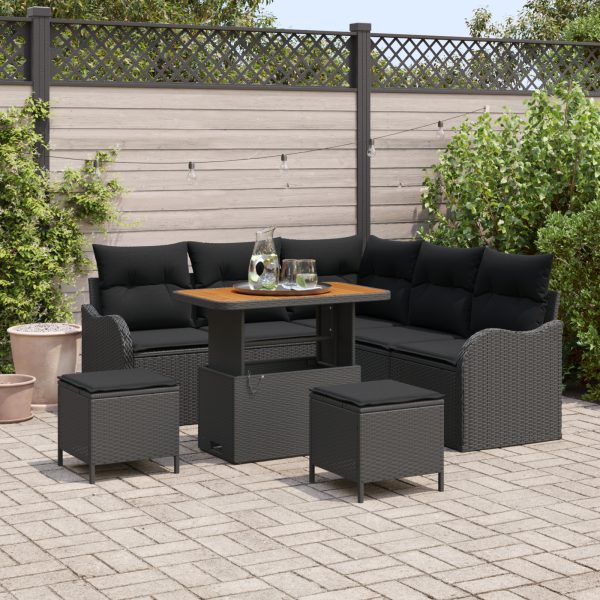 Conjunto de Sofá de Jardín  de 8 Piezas con Cojines Rattan Negro Acacia D
