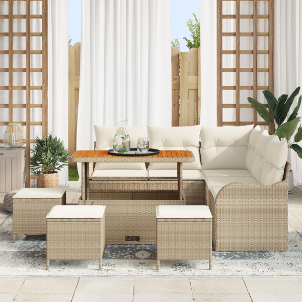 Set de Sofás de Jardín  de 9 Piezas con Cojines Beige de Poliratán y Acacia M 3