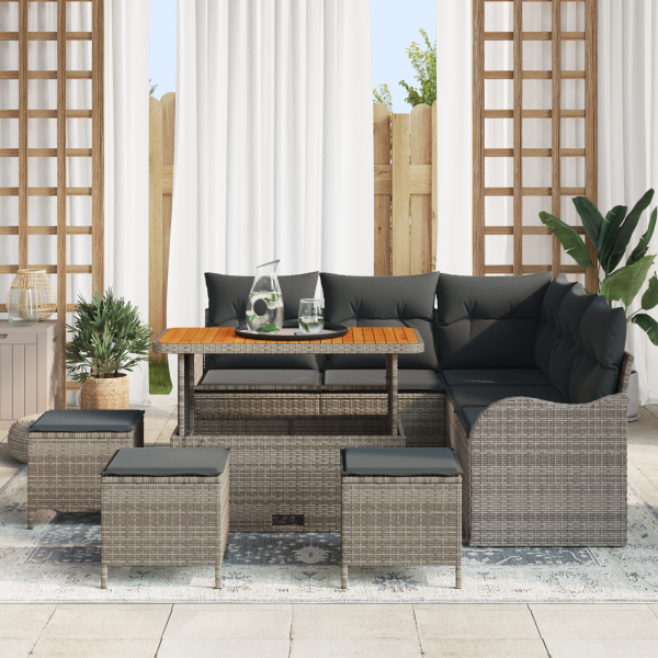 Conjunto de Sofás de Jardim 9 Peças com Almofadas Cinza Rattan Poliéster Acácia. M 3