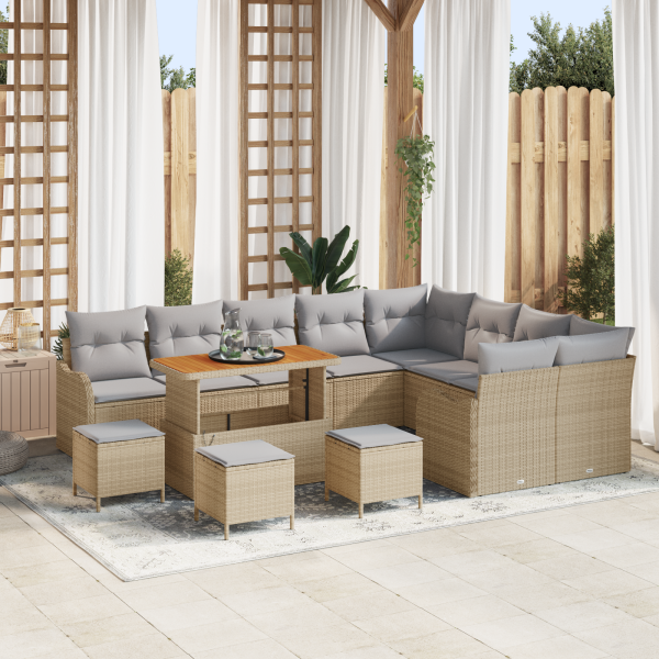 Set de Sofá de Jardín  de 13 Piezas con Cojines Beige Poliratán Acacia D
