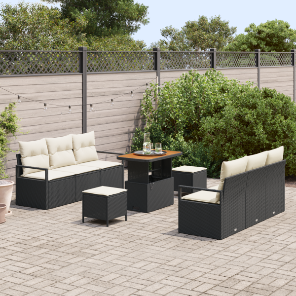 Conjunto de Sofá de Jardim  9 Peças com Almofadas Preto Rattan Polimérico Acácia M 3