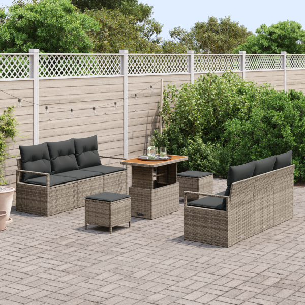 Conjunto de Sofá de Jardim  de 9 Peças com Almofadas Cinza Rattan Sintético Acácia M 3