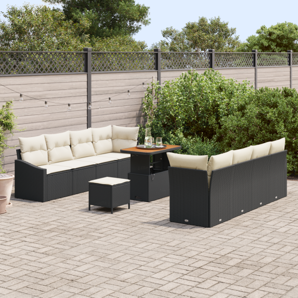 Conjunto de Sofá de Jardim  11 Peças com Almofadas Preto Rattan Sintético Acácia M 3