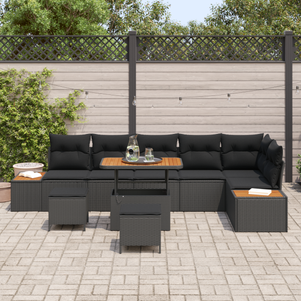 Conjunto de Sofá para Jardim  9 peças com Almofadas Preto Rattan Sintético Acácia M 3