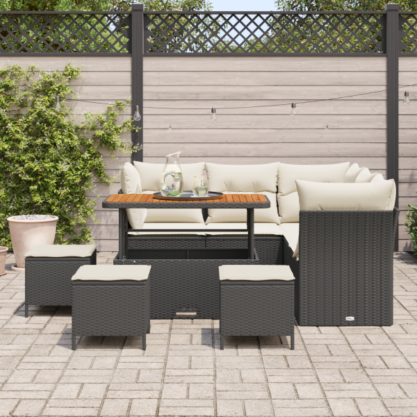 Conjunto de Sofá de Jardim  de 9 Peças com Almofadas Preto Rattan PE Acácia M 3